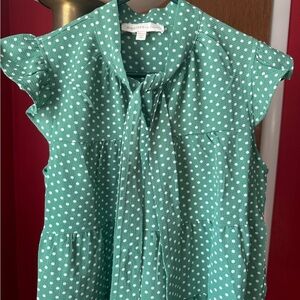 Monteau Green Ruffled Blouse with Mandarin Collar and White Polka Dots